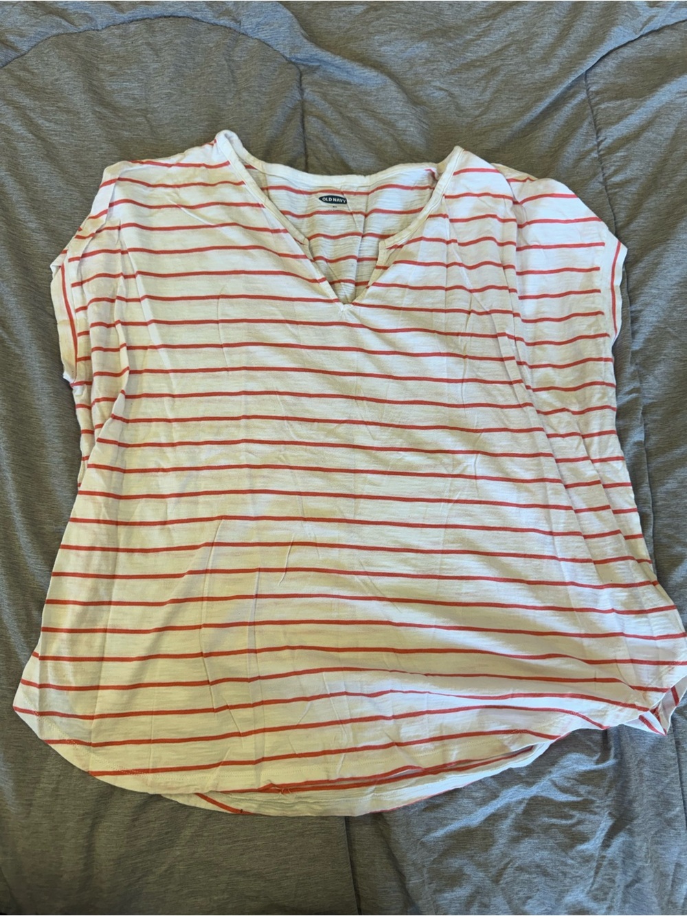 Old Navy White Tee with Red Stripes - V-Neck Short Sleeve